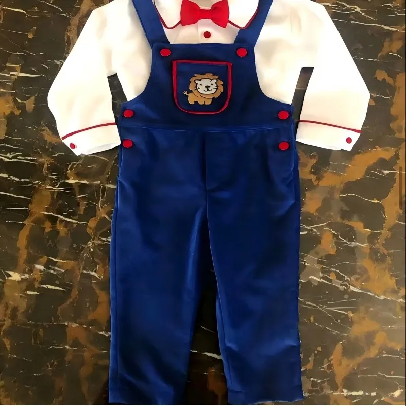 

0-6Y Baby Boy Blue Velvet Lion Embroidery Outfit Suit for Party Birthday Holiday Photography Christmas C190