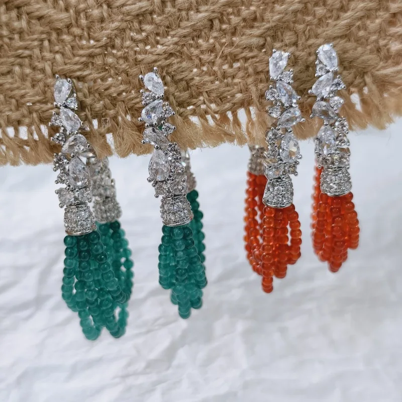 

Long zircon agate tassel earrings Bohemia banquet ear accessory