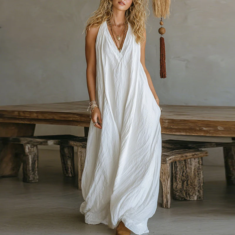 

2026 Fashion High Street Wide Leg Playsuits Simple Solid Color V-neck Summer Rompers Casual Sleeveless Hollow Holiday Jumpsuit