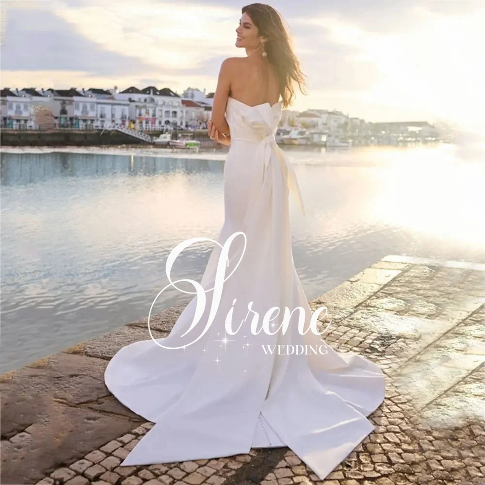 Sirene Simple Satin Mermaid Strapless Wedding Dress White Sleeveless Sweetheart Neck Backless Bridal Gown Back With Big Bow 2024