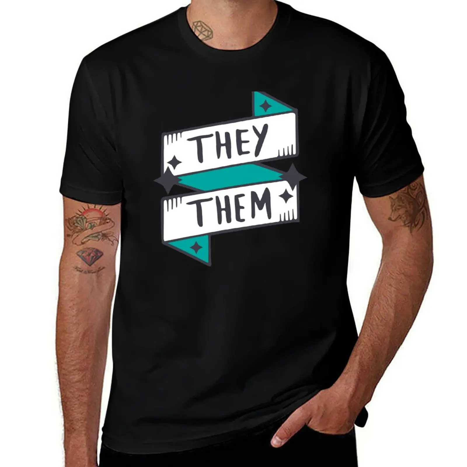 They / Them (Non-binary) Blue / Turquoise in Cyan T-Shirt Soft Casual Short Sleeve Cotton Tee T-Shirt