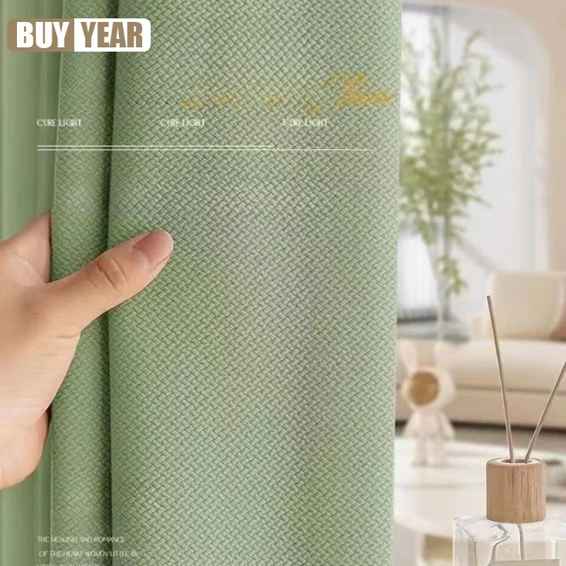 French Matcha Color Thickened Double-sided Cotton and Linen Fabrics Blackout Curtains for Living Dining Room Bedroom Custom