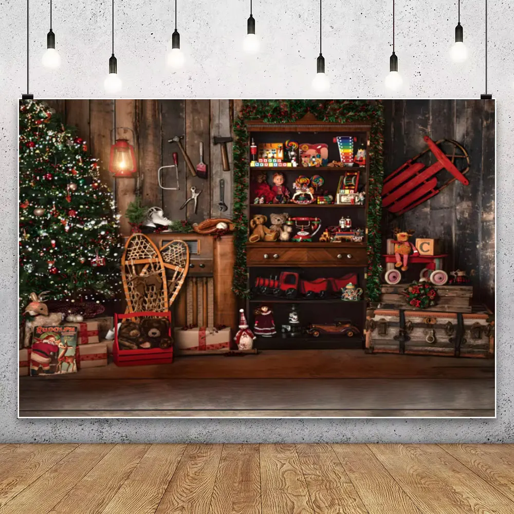Old Brick Fireplace Christmas Tree Gift Teddy Bear Baby Christmas Party Photo Backdrop Photography Background Photo Prop Decor