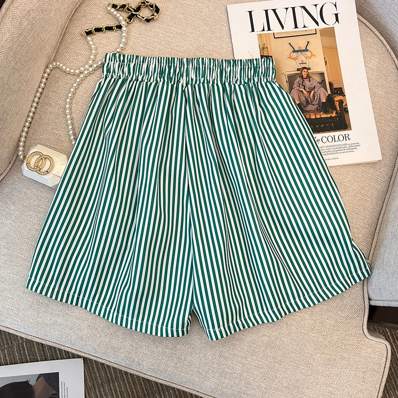 Trendy High Waist Wide Leg Striped Short Pants for Women Summer Loose Sports Pants Commute Style Thin Material Short Length
