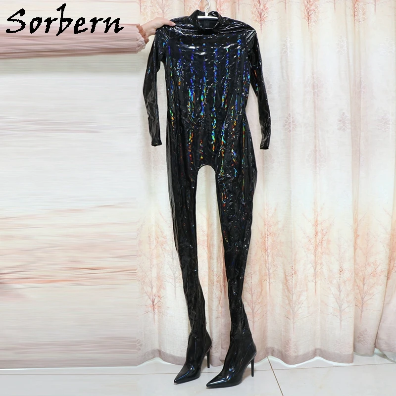 Sorbern Black Holo BodySuit Boots Unisex Crotch Thigh High Custom Size High Heels Womens High Neck Long Sleeve Sexy Back Zip