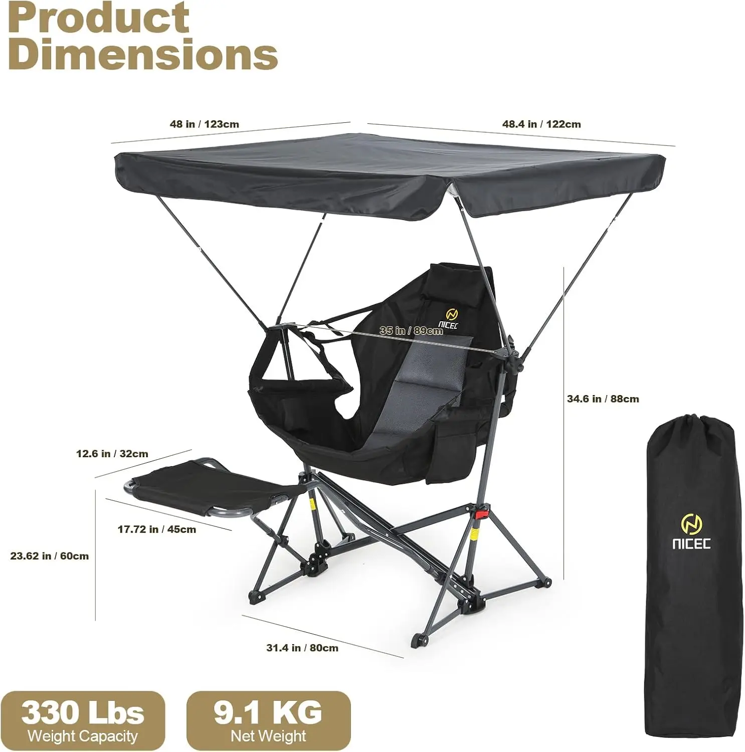 Portable Swinging Hammock Camping Chair with Canopy Shade, Detachable Footrest, Cup Holder and Carry Bag - Folding Rocking Umbrella Chair for Beach, Camping (1 Pack) - view 2