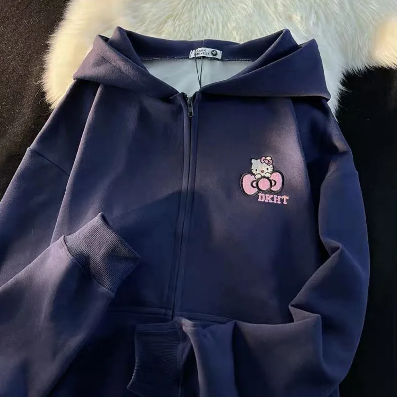 Vintage Cute Hello Kitty Embroidered Zip Hoodie College Style Couple Coats Streetwear Women Loose Lazy Casual Y2k Tops