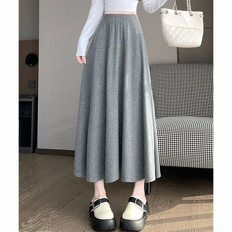 

Элегантные женские юбки миди с высокой талией и блестками, корейский стиль, однотонные, тонкие, А-силуэт, свободные, средней длины