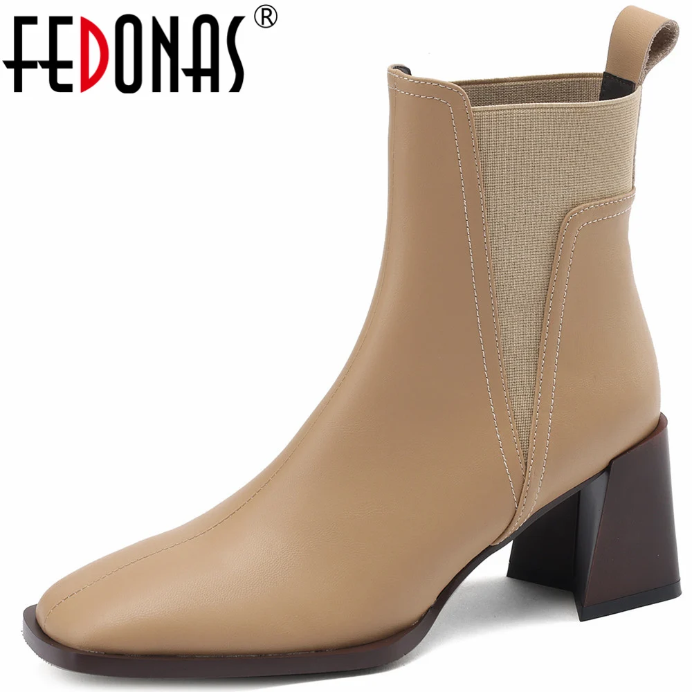 

FEDONAS Autumn Winter Women Ankle Boots Thick High Heels Splicing Genuine Leather Concise Office Lady Shoes Woman New Arrival