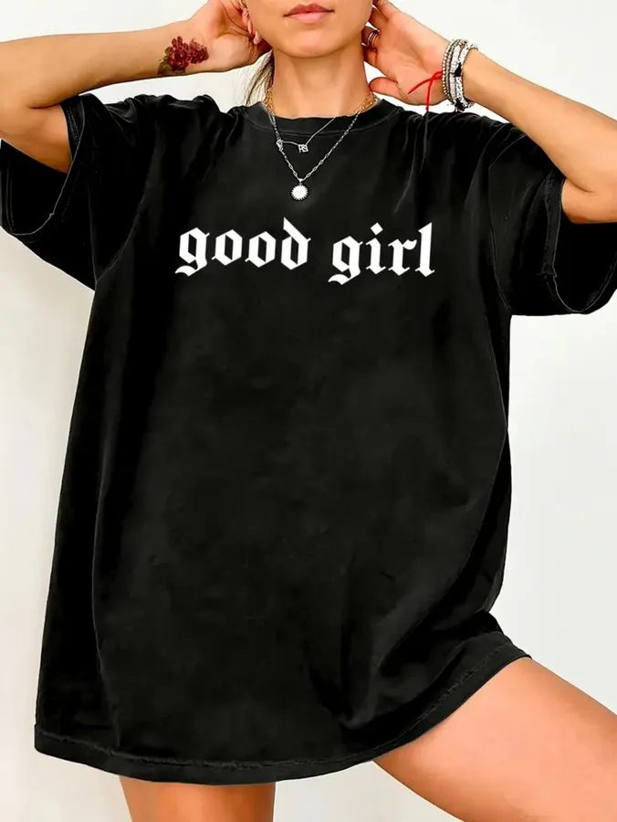 Good Girl Oversized Black T-Shirt - Plus Size Women's Casual Tee with Gothic Style White Print, Relaxed Fit, Perfect for Everyda