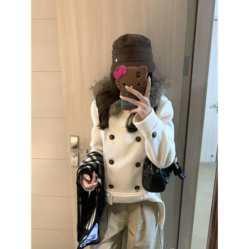 المشمش الأكسجين النسيج اللغة المتخصصة تصميم تحسس مزدوجة الصدر مقنعين معطف الصوف الشتاء ضوء المشمش معطف الصوف #4