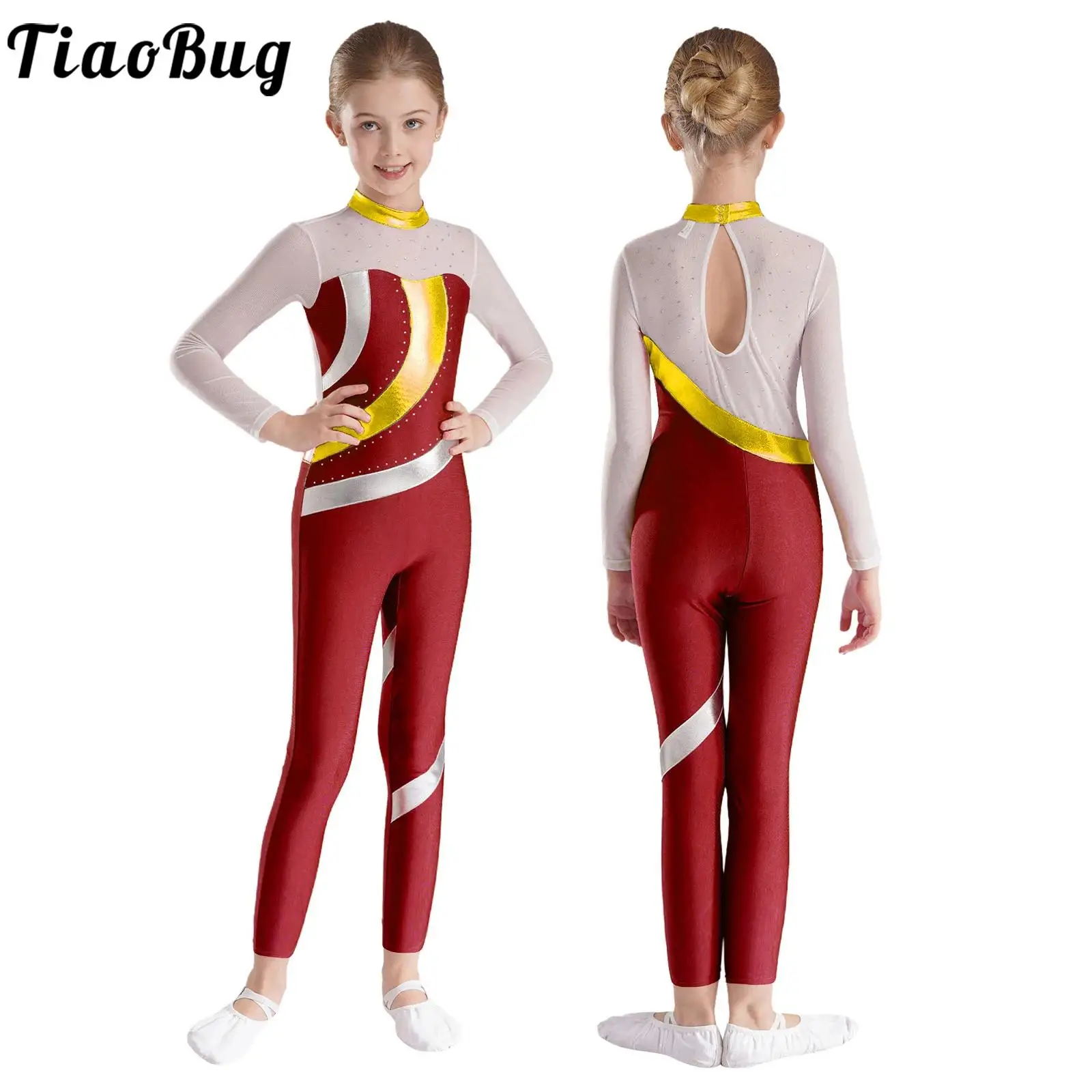 

Gymnastics Jumpsuit for Girl Kids Long Sleeve Rhinestone Ballet Leotard Teens Full Length Skating Unitards Bodysuit Dancewear