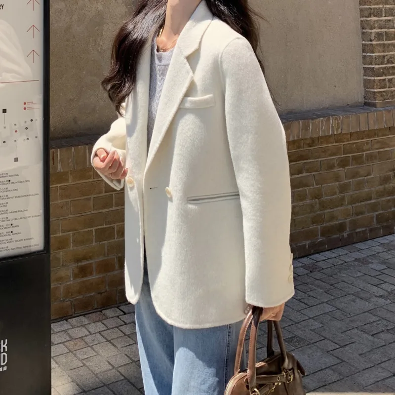 WHTREND Nuovo Autunno E Inverno Blazer di Lana Per Le Donne Versione Coreana Colletto Dentellato Giacca Doppio Petto Cappotti WH1410