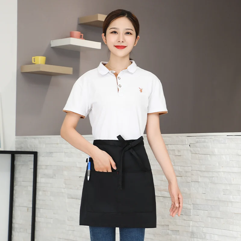 Kitchen Apron Universal Unisex Ladies Kitchen Cooking Short Apron Waiter Double Pocket Restaurant Bakery Nail Studio