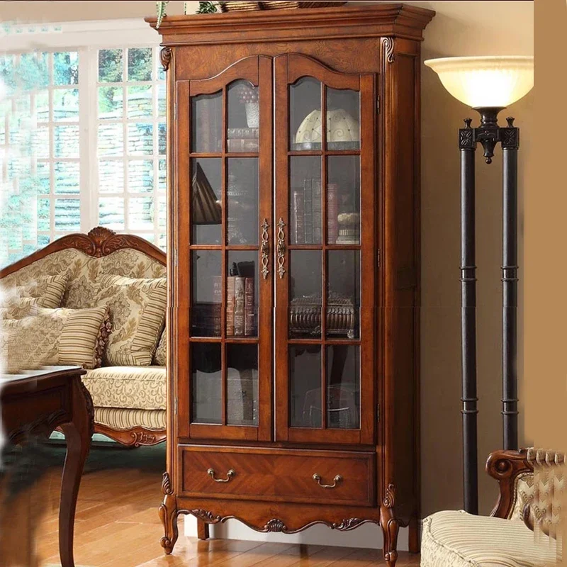 American light luxury solid wood glass door bookcase, multi-layer floor-to-ceiling storage  study simple furniture