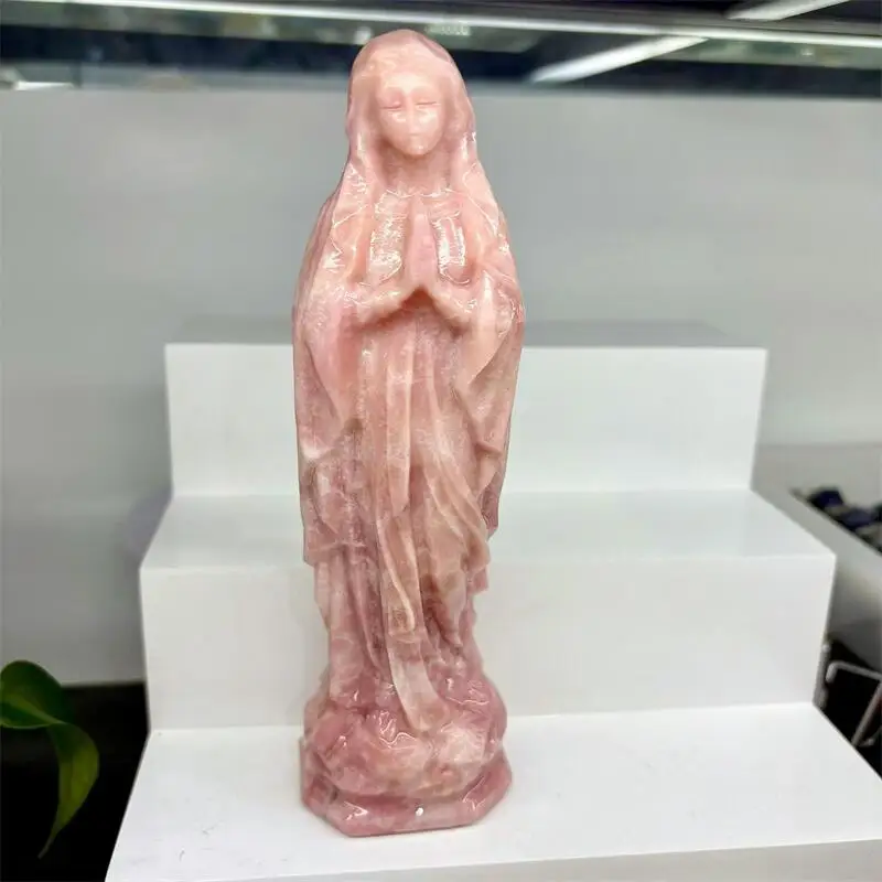 18CM Natural Pink Opal Virgin Mary Statue Carving Healing Crystal Reiki Figurine Gemstone Ornament Craft Gift 1PCS