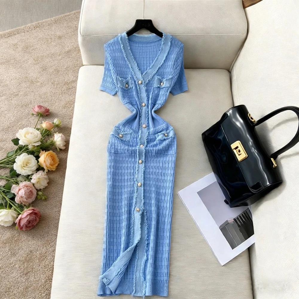 YuooMuoo Marke Mode Perlenknöpfe Gestricktes Langes Kleid Frühling Sommer Luxus V-Ausschnitt Bodycon Pulloverkleid Bürodame Vestidos