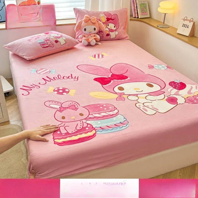 my Melody kuromi cute cartoon animation peripheral warm sheets plus velvet thickened home mattress dustproof protective cover