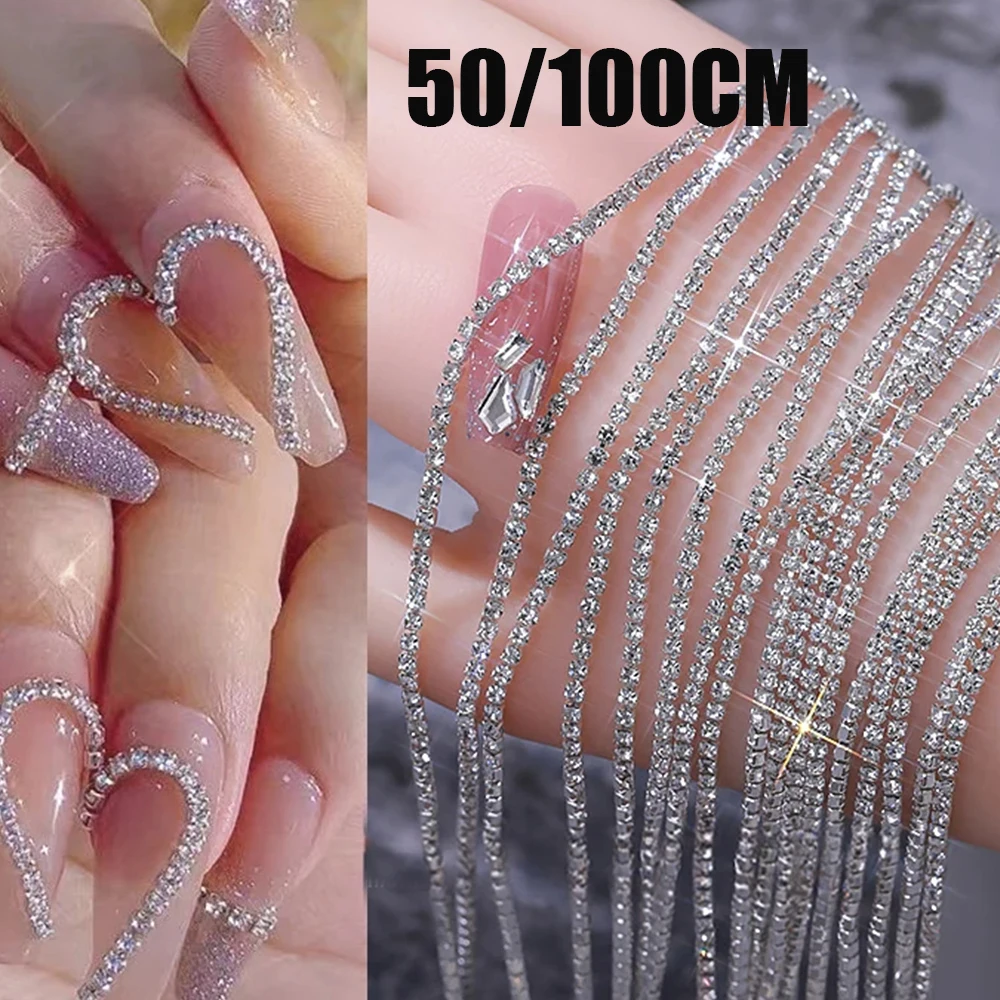 100/50cm długi luksusowy kryształowy łańcuszek zawieszki do paznokci 1.5/2mm błyszczący przezroczysty/AB diamentowy Nail Art metalowa stal francuski Manicure kryształ
