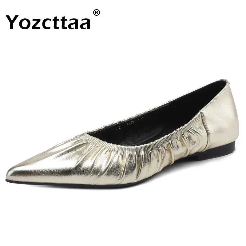 

Туфли Yozcttaa женские из натуральной кожи, балетки, низкий каблук, заостренный носок, повседневные, серебристые, золотистые, размеры 34-39, весна 2024