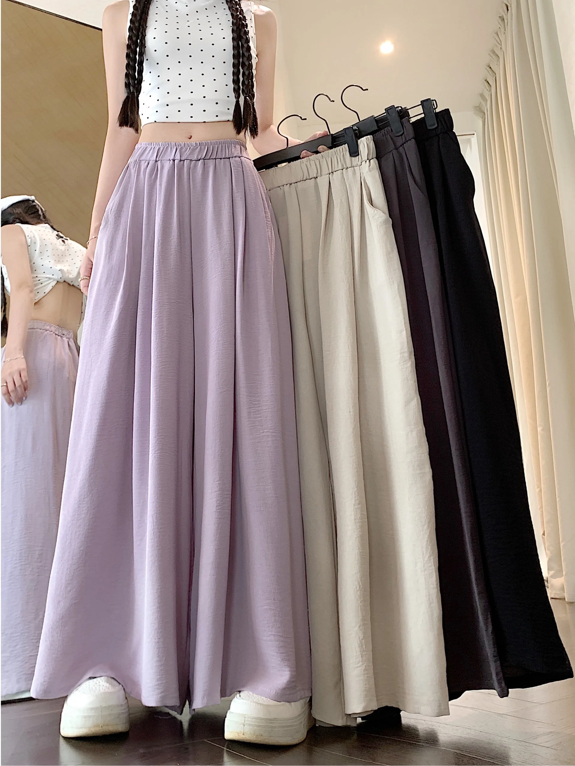 

plus Size High Waist Wide Leg Pants Summer Casual Loose Fit Pure Color Drapey Long Trousers for Plump Women Fashionable Versa...