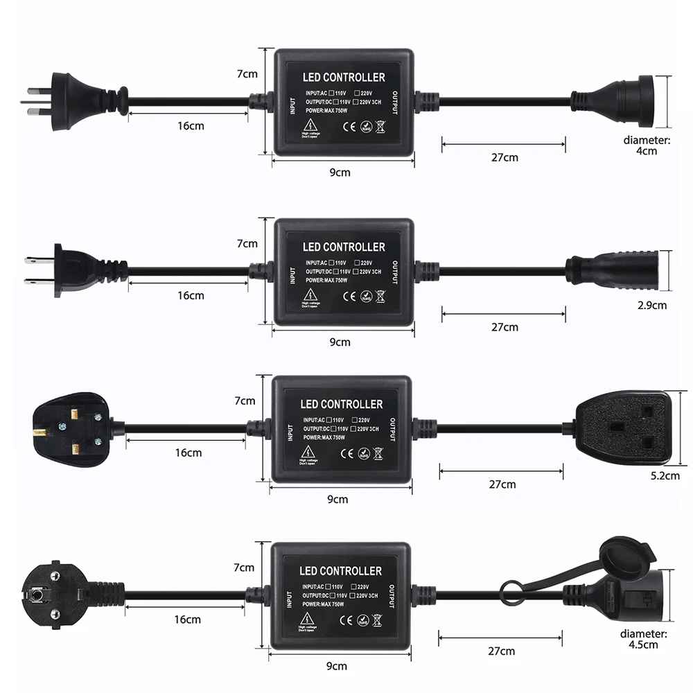 220V 110V LED Controller Dimmer Dimmable 23key Remote 750W US EU UK AU Power Plug Kit for LED Strip/Christmas String Lights/Bulb