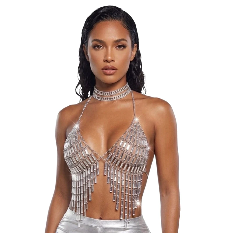 Damen Baguette-Strass-Quasten-Körperkette BH Sexy Kristall-Fransen-Neckholder Y2K Crop Top Nachtclub Party Festival Bikini Schmuck – Detail 1