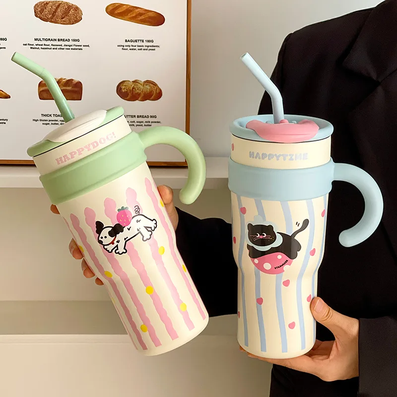 

700/1200ml Cute Thermos Water Bottle Large Capacity Straw Tumbler 316 Stainless Steel Insulated Cup Ice Cream Office Coffee Cup