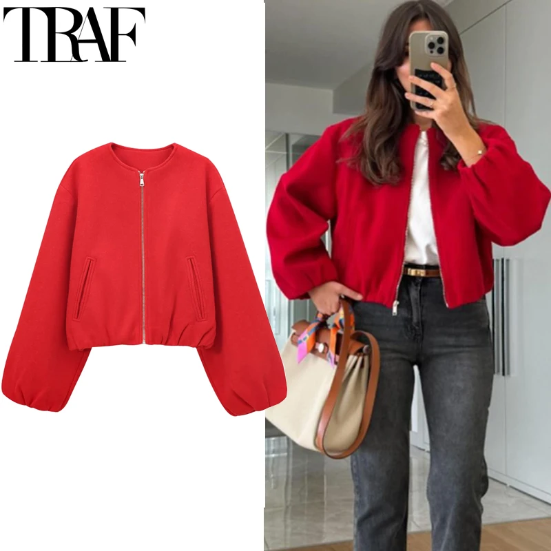 TRAF Women's Jackets Autumn Long Sleeve Short Solid Coats Faux Wool & Blends Coats Winter Woman Bomber Jackets Zip Up Outerwear