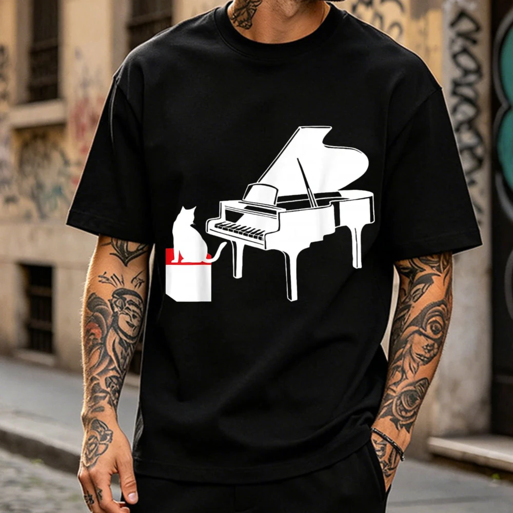 Cat Playing Piano Music Lover Funny T-Shirt Vintage Graphic T Shirts Kawaii Clothes Oversized T Shirt High Quality Cotton Tees