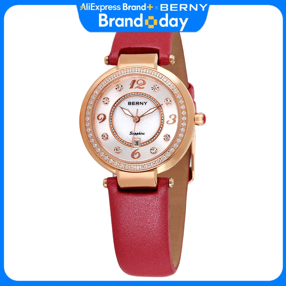 BERNY Watch for Women Calendar Sapphire Elegant Quartz Women's Wristwatch Luxury Diamond inlaid Clock S/S Leather Ladies Watches