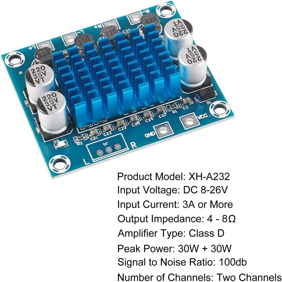 디지털 스테레오 오디오 파워 앰프 보드, TPA3110 XH-A232, 30W + 30W, 2.0 채널, DC 8-26V, 3A