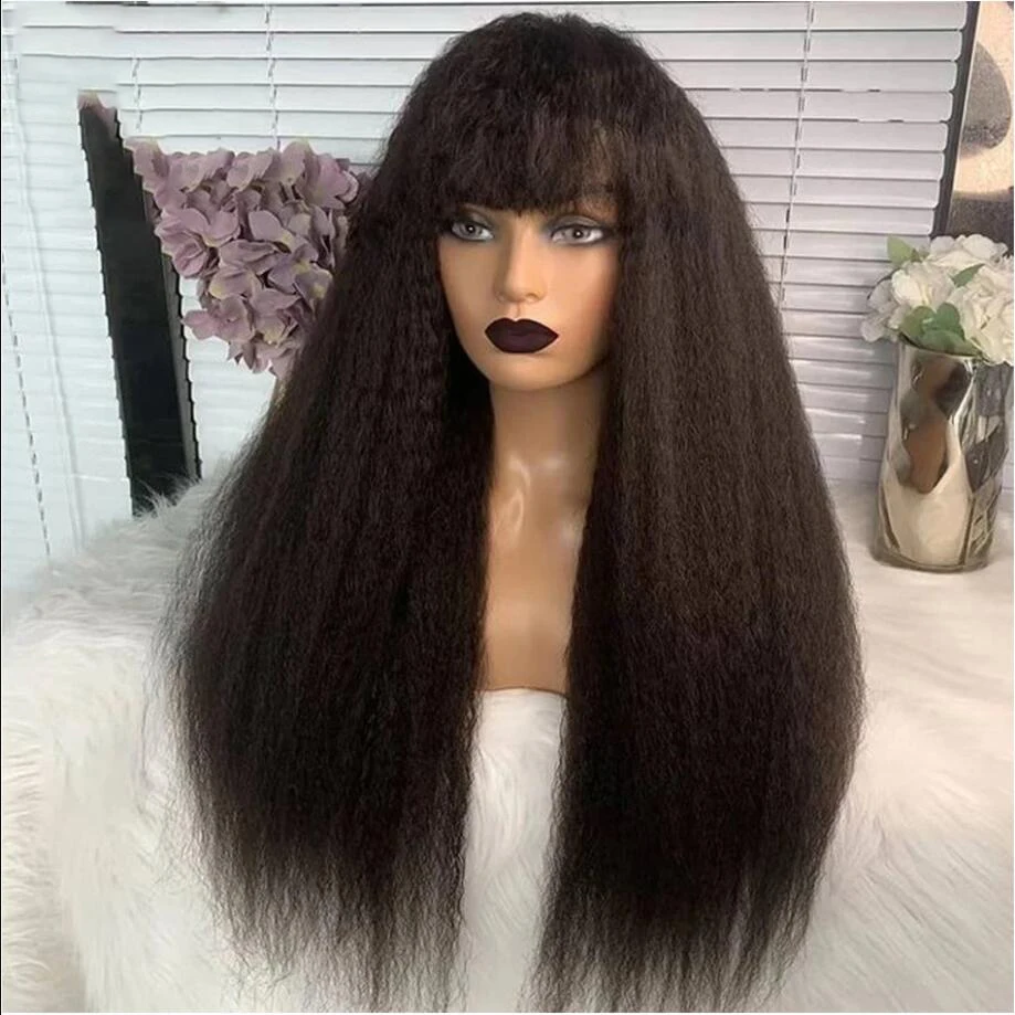 

Naural Black Long 180Density Soft Glueless Kinky Straight Machine Wig with Bangs For Women BabyHair Preplucked Heat Resistant