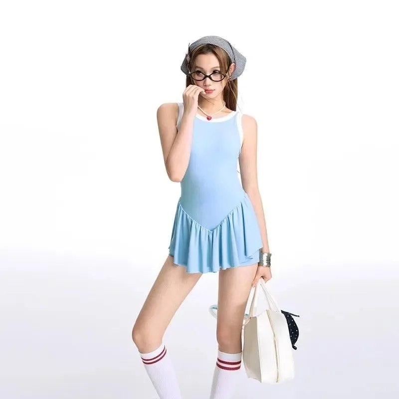 

Женский слитный купальник с юбкой, консервативный, с рюшами по низу, в рубчик