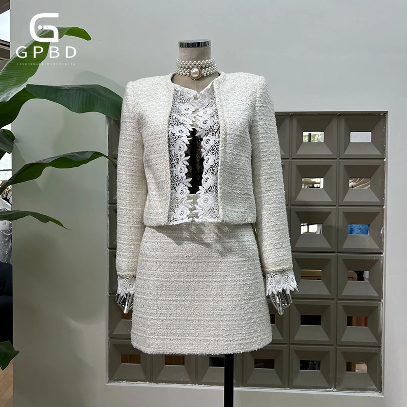 

Однотонные шикарные комплекты из двух предметов для женщин, круглый вырез, длинный рукав, сращенные кружевные шорты, юбки трапециевидной формы с высокой талией, шикарный комплект, женский новый