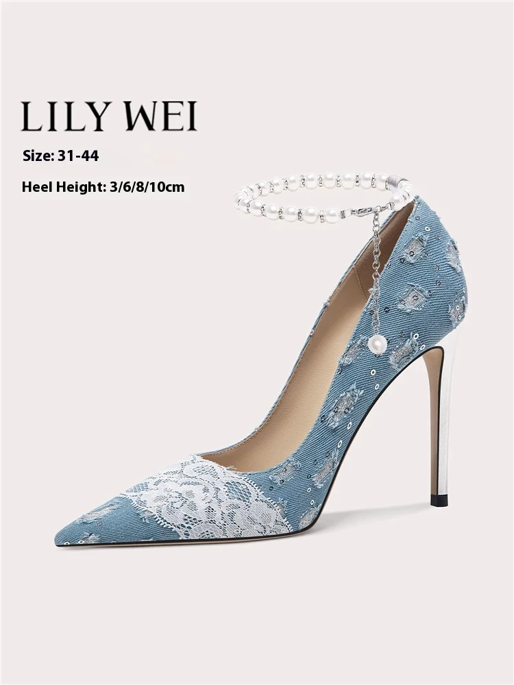 

Новые весенне-осенние джинсовые туфли на низком каблуке-шпильке с жемчужным кружевом и мелкими стразами, женская обувь большого размера маленького размера
