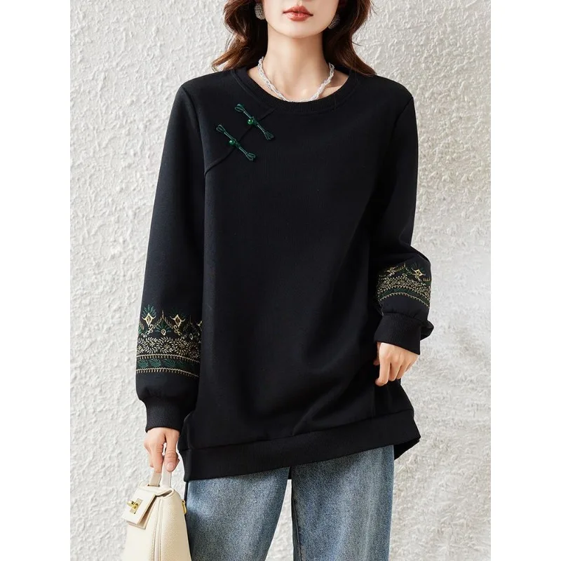 

Женская вышитая толстовка с длинными рукавами в национальном стиле, новый осенний свободный модный повседневный топ в китайском стиле