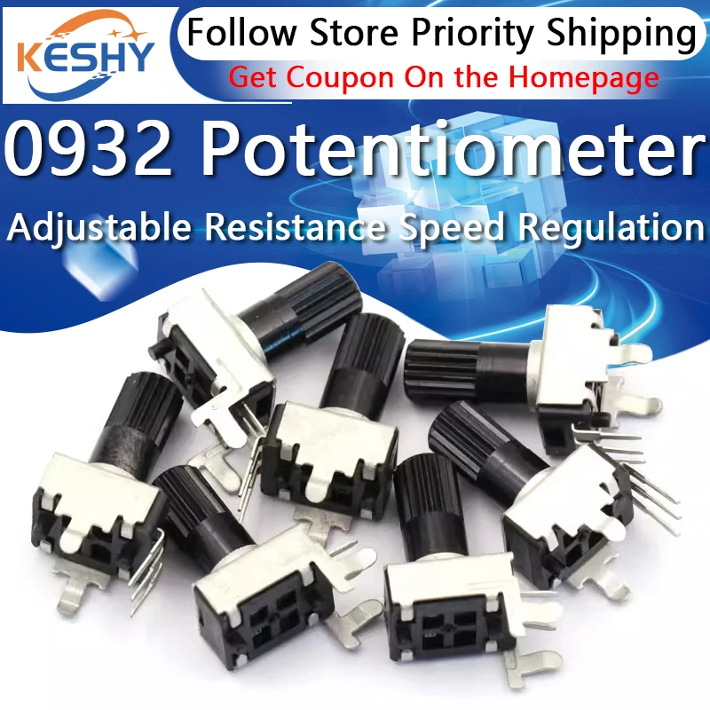 

5PCS 0932 Potentiometer Adjustable Resistance Speed Regulation Vertical Horizontal 5K 10K 50K 100K 3 Pin Long Shank RV09 Knob