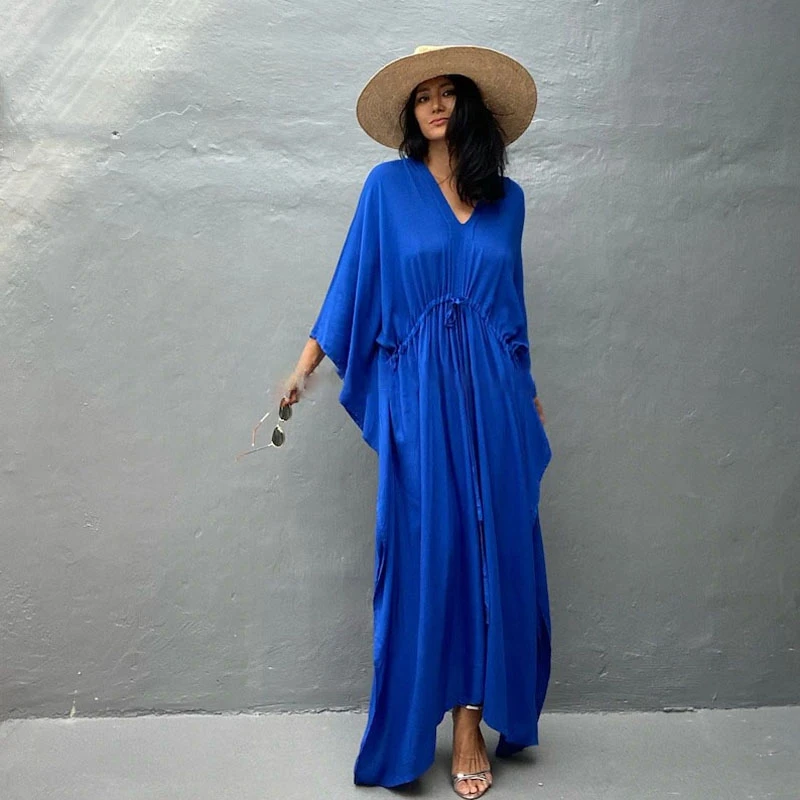 Front Backside Deep V-Neck Kaftan Women Elegant Muse Dresses Red Color Casual Party Caftan Drawstring At Waist Design Robe Chic