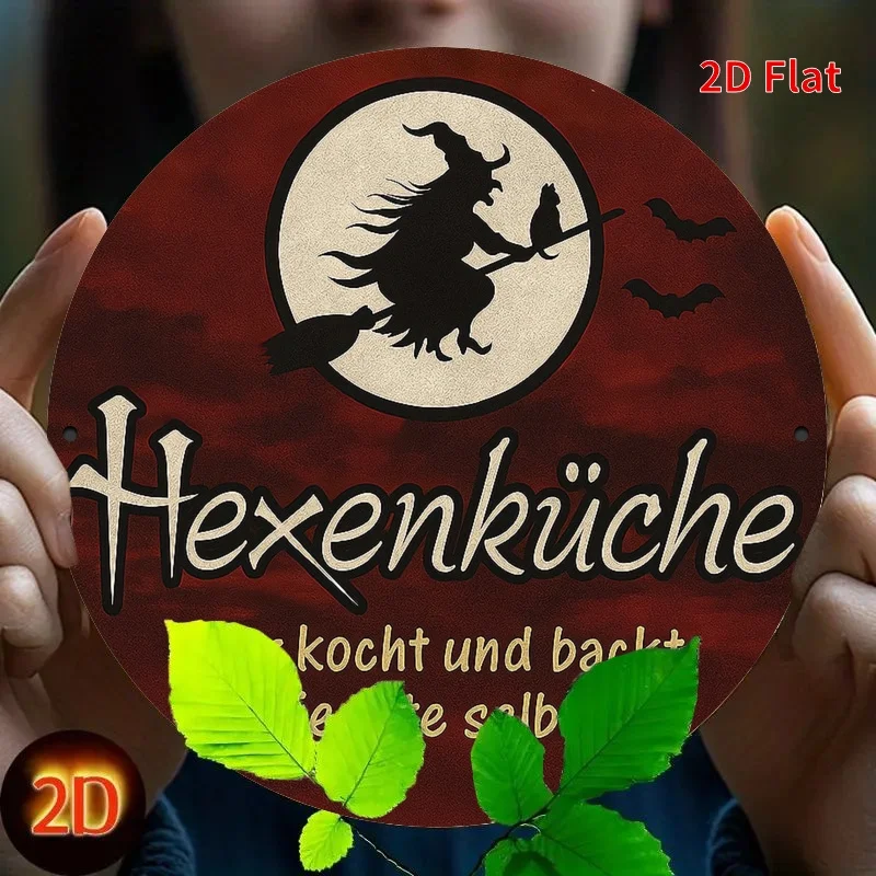 Decoración de placa de metal de cocina de bruja de Halloween - Bruja con palo de escoba, fondo rojo - Placa de metal duradera para el hogar, la oficina, el café