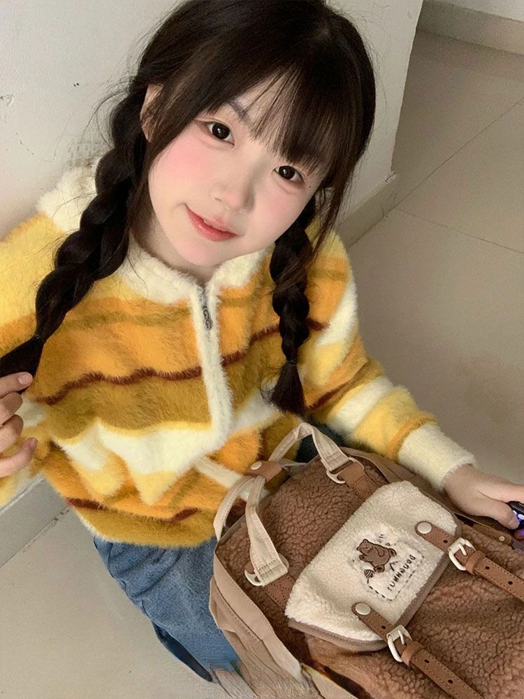 Vintage Harajuku Stripe Cardigans Women Y2k Aesthetic Contrast Color Casual Sweater Streetwear Hooded Grunge Loose Zipper Coats