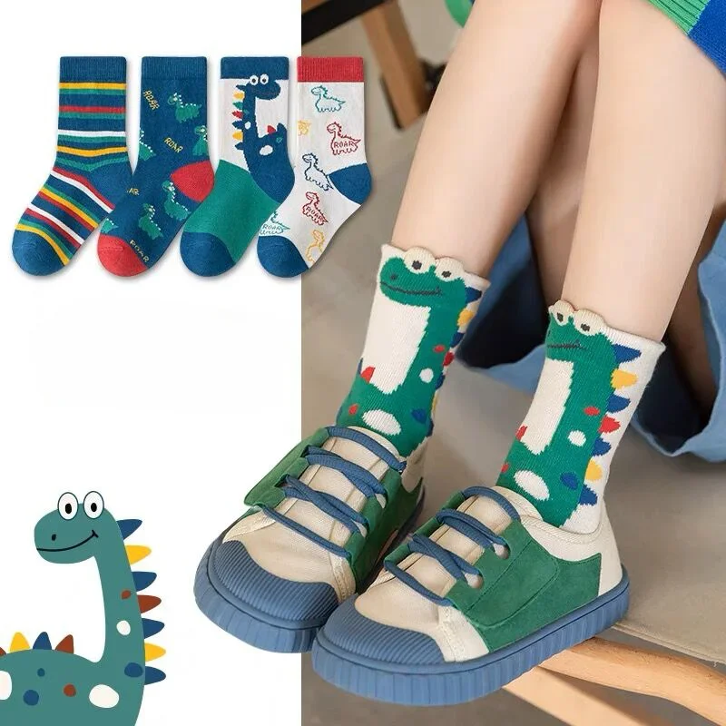 5 Pairs Autumn Winter New Style Children\'s Socks Mid-high Long Dinosaur Cartoon Design Boys Girls Baby Cartoon Socks Wholesale