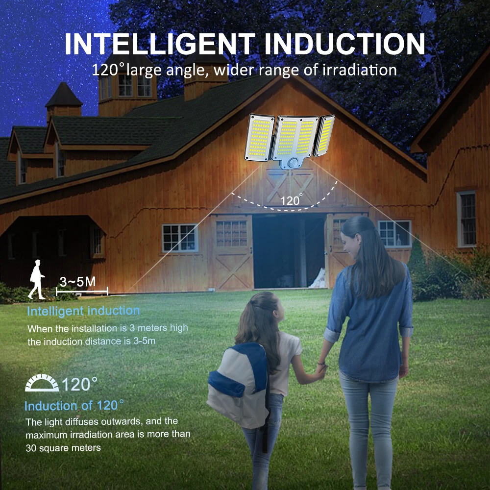Outdoor Motion Sensor Solar Wall Lights, Flood e Street Lamp, Cabeça de iluminação ajustável para jardim, 144.280 LED, 3 modos