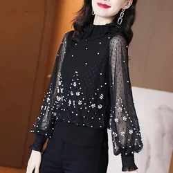 Spring Autumn New Temperament Elegant Women's Shirt Fashionable Beading Mesh Loose Blouse Casual Versatile Trendy Top for Women