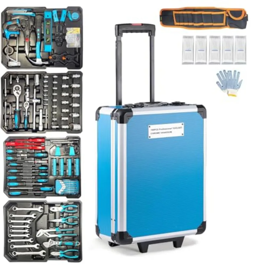 

799pcs Aluminum Trolley Case Tool Set Silver House Repair Kit Set Household Hand Tool Set with Tool Belt