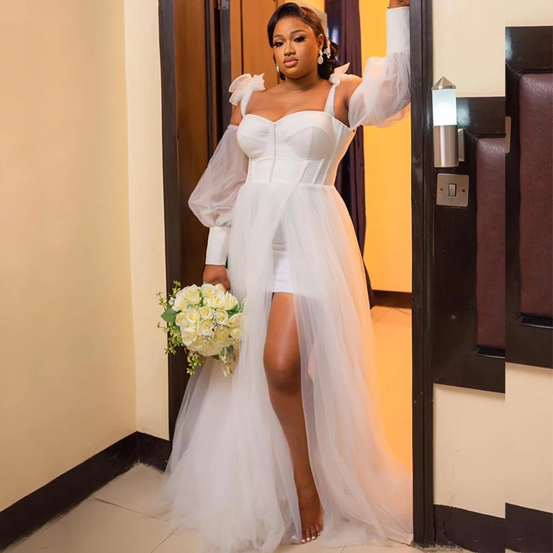 New Bride Robes Spaghetti Straps Off Shoulder Long Sleeves Side Split A Line Tulle Simple Africa Bridal Shower Dresses