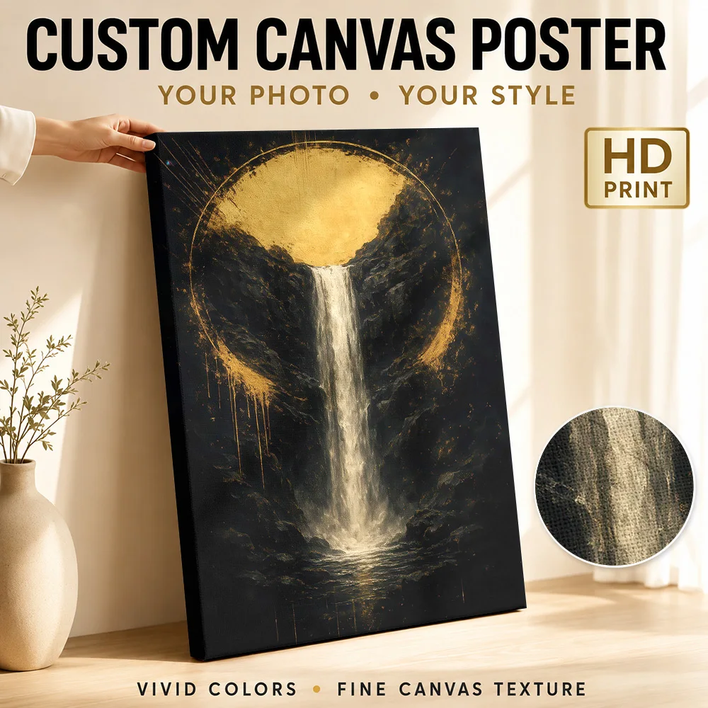 Golden Moon Above Dark Waterfall Canvas Print Customized Photo Kintsugi Inspired Wall Art For Fantasy Reading Room, Dreamer Gift