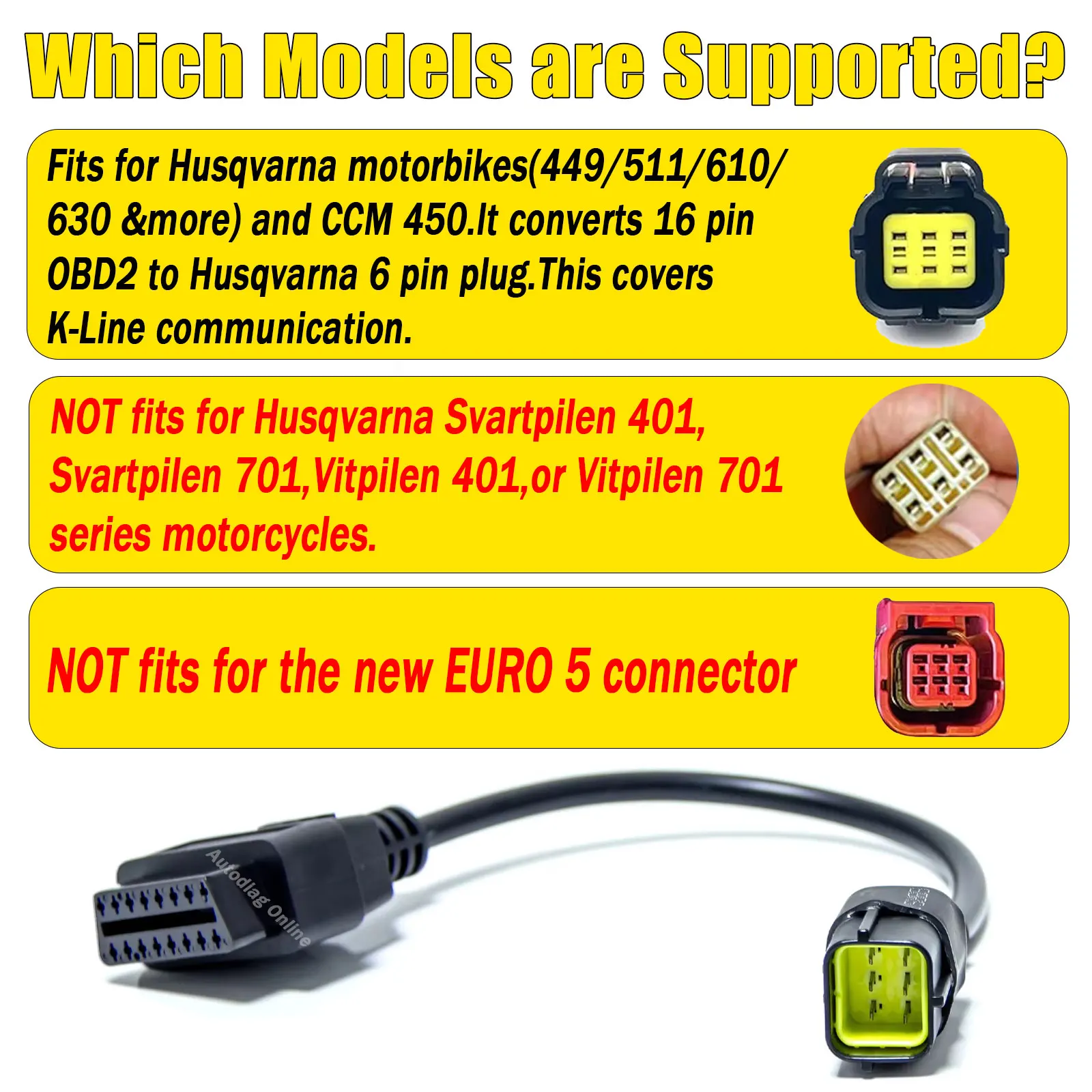 OBD2 Diagnostic Cable For Husqvarna 6Pin to 16Pin OBD2 Scanner Connect For Husqvarna 449/511/610/630/CCM450 Motorcycle Adapter