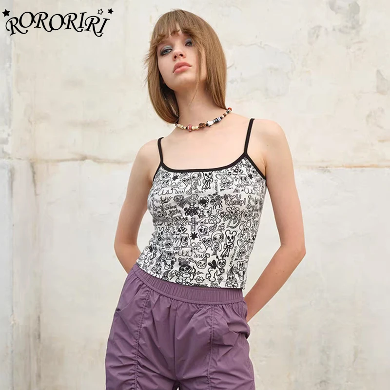 

RORORIRI винтажный черный женский топ с принтом граффити, тонкий эластичный укороченный топ без рукавов с героями мультфильмов, повседневная летняя одежда