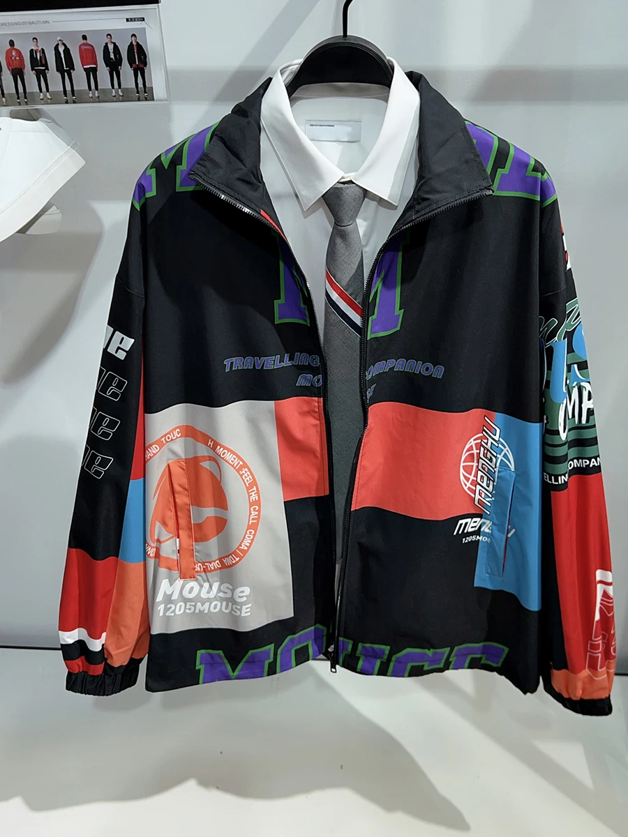 

Повседневная свободная мужская куртка с воротником-стойкой, весенне-осенняя цветная блузка с принтом, модный топ, верхняя одежда, полиэстер, нейлон, волокно Cosite